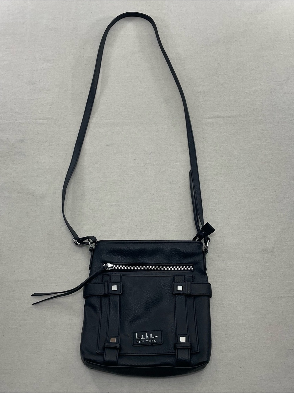 Nicole Miller NewYork Black Cross Body Bag Satchel Purse Snakeskin Lined 10 x 10